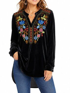 ROPER Floral Embroidered Velvet Tunic Top Black Small Elastic Waist Boho Western
